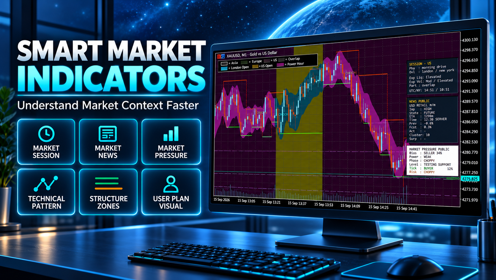 A51 Smart Market Indicators preview showing a trading chart with Market Session, Market News, Market Pressure, Technical Pattern, Structure Zones, and User Plan Visual features.